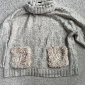 Zara Cream Turtleneck Sweater with Faux Fur Accents